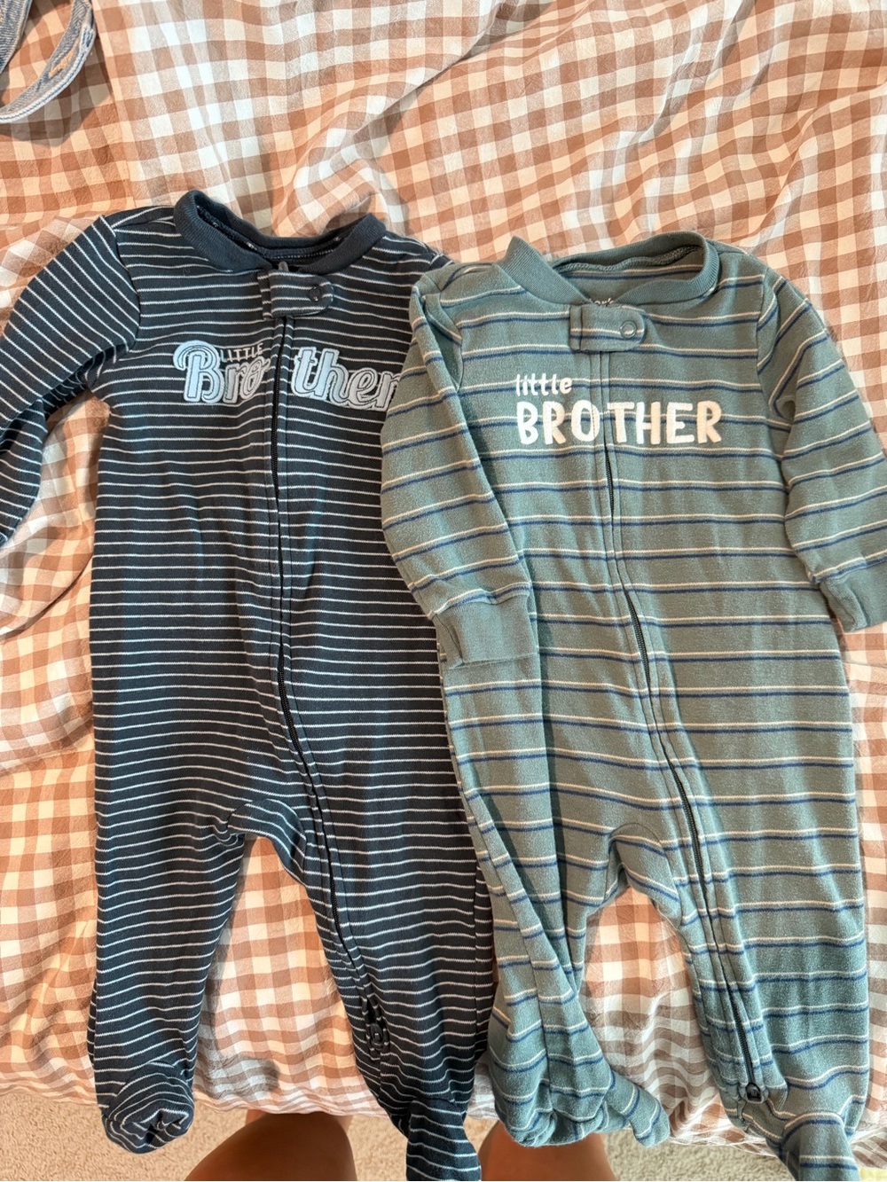 Carter's Striped 'Little Brother' Footed One-Pieces in Navy and Teal